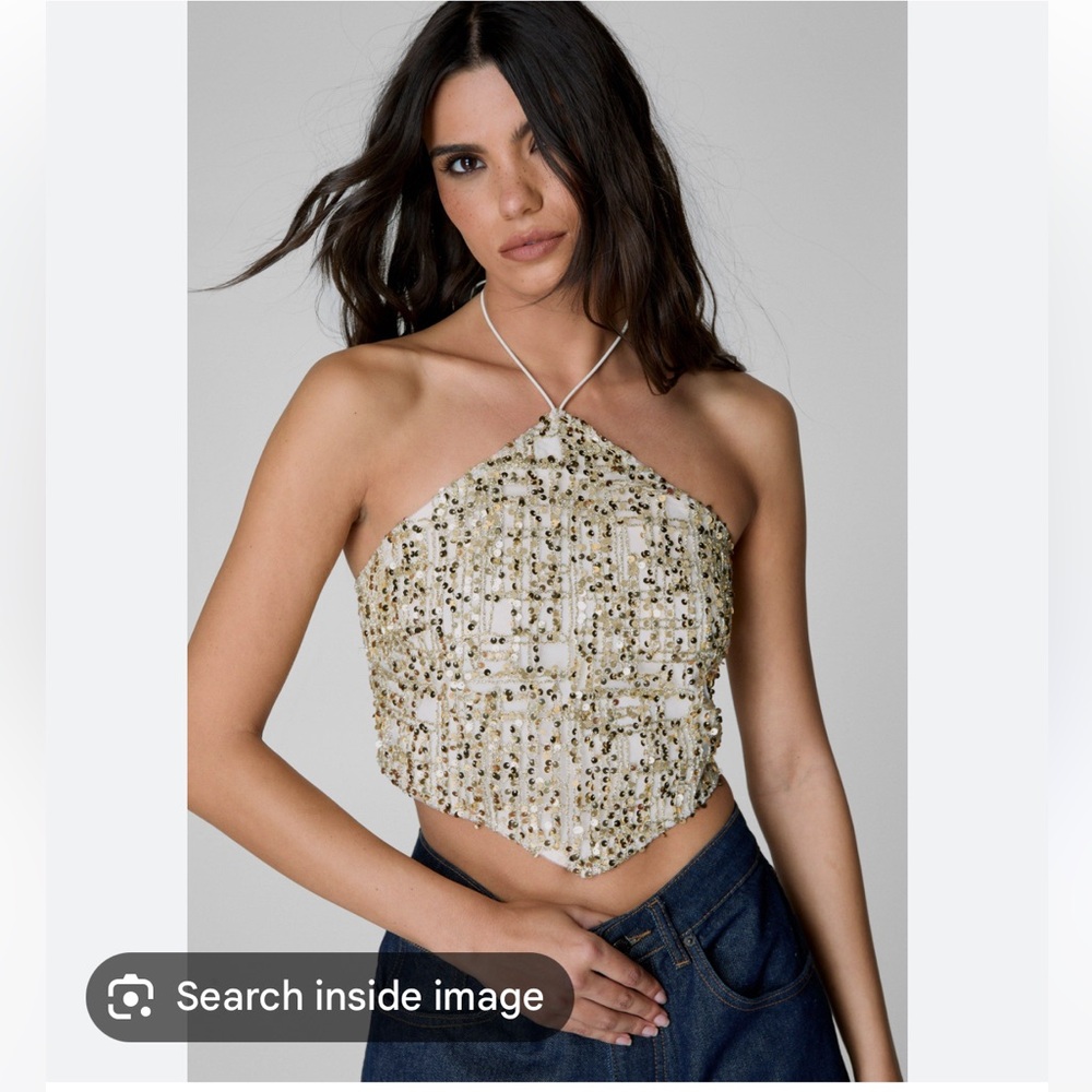 Nasty Gal Check Gold Sequin Halter Crop Top
